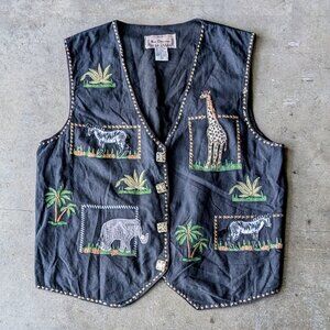 Vintage New Directions Zoo Animal Zebra Giraffe Elephant Black Embroidered Vest